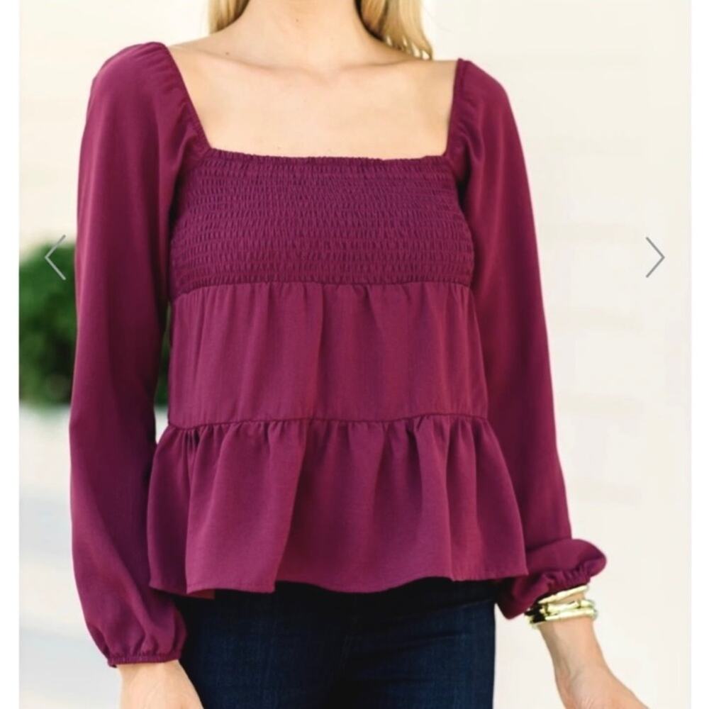 Paper Crane Top Berry Purple Smocked Baby Doll Long Sleeve Blouse Top Medium NEW